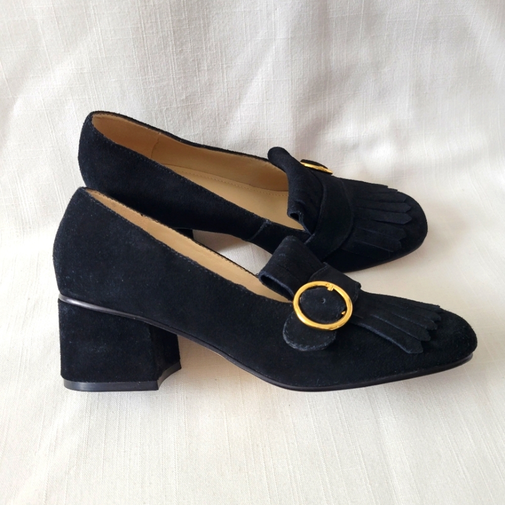 Mark Fisher Black Suede Block Heel & Fringe Loafer size 6 - Picture 12 of 15